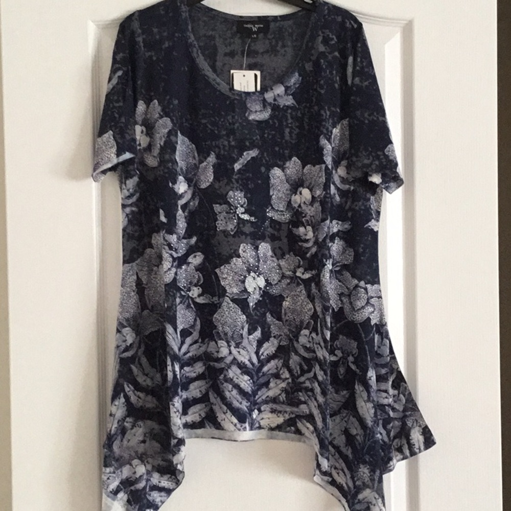 Navy Floral Short Sleeve Women's Top - size L